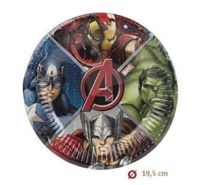 Pack 8 platos de cartón para fiesta, Avengers logo, diametro 19,5cm, ideal fiestas de cumpleaños