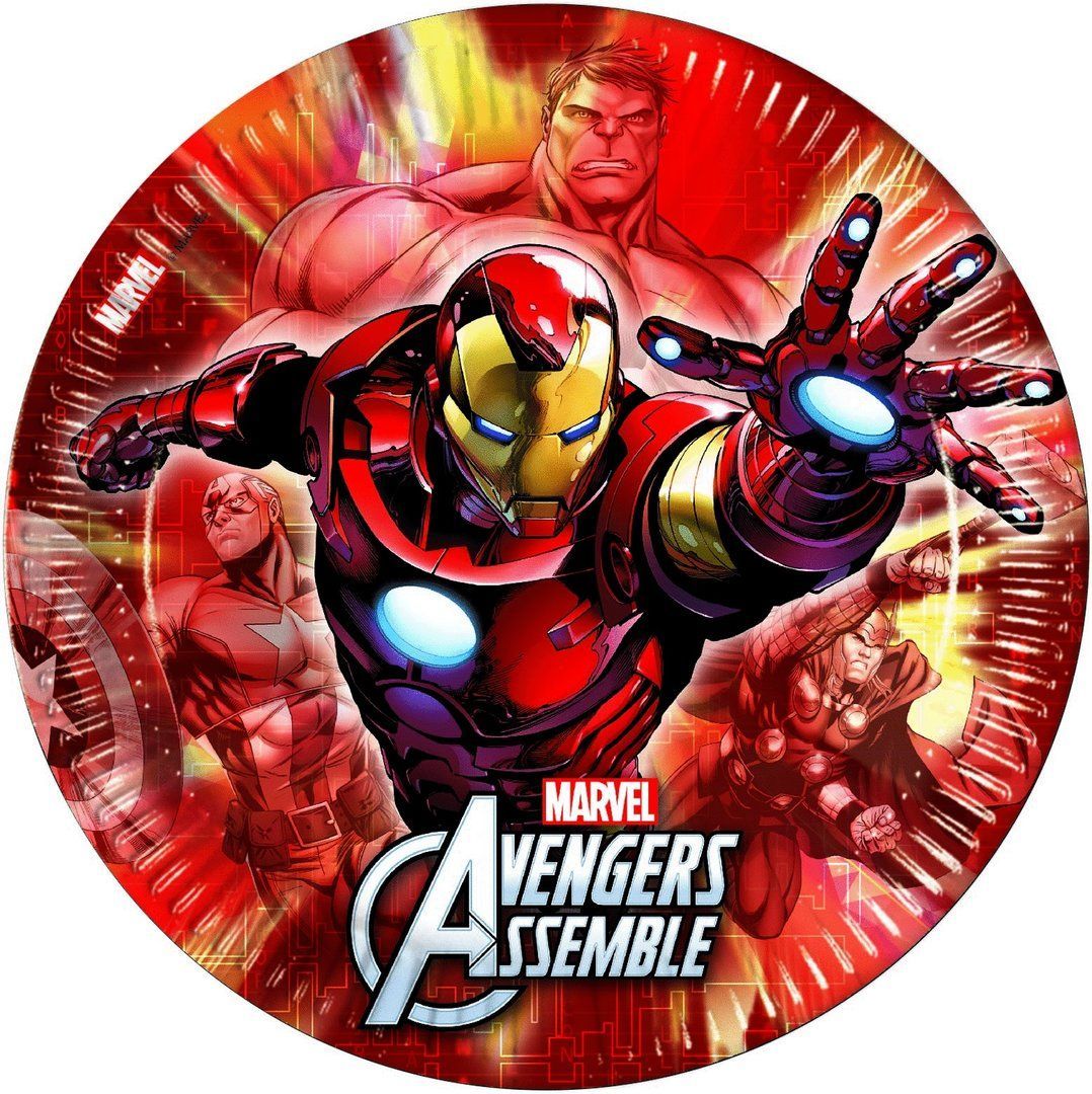 Pack 8 platos de cartón para fiesta, Avengers 23cm rojo, ideal fiestas de cumpleaños