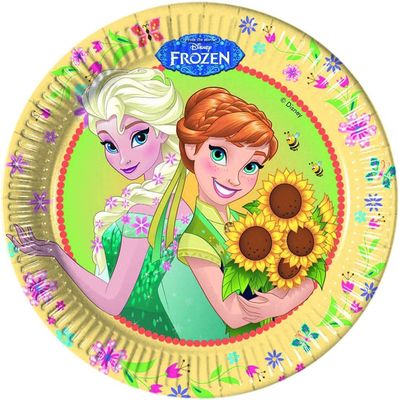 Pack 8 platos de cartón para fiesta, Frozen Fever Disney, ideal para tarta de cumpleaños