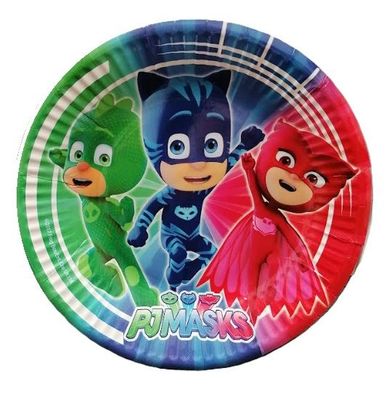 Pack de 8 platos para fiesta diseño pj masks 23cm, producto de carton, ideal fiestas de cumpleaños