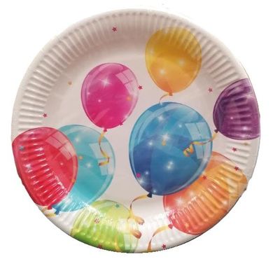 Pack 8 platos de cartón para fiesta, diseño globos y confeti, diametro 23cm, ideal fiestas de cumpleaños
