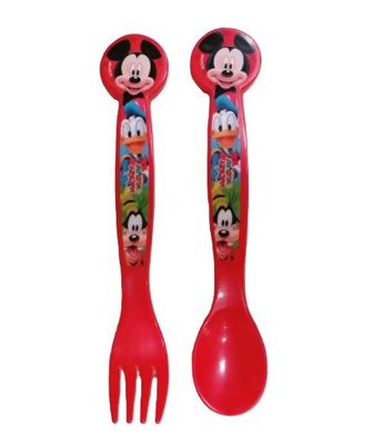 Set 2 cubiertos licencia oficial Disney Mickey Mouse, color rojo, compuesto por tenedor y cuchara, producto de plastico libre de BPA
