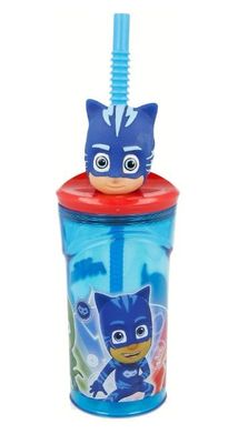 vaso con caña Figura 3D diseño Pj Masks, Gatuno, producto de plastico libre de BPA