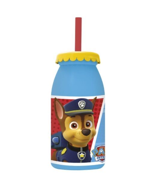 Vaso estilo botella de leche con pajita Patrulla canina, producto de plastico libre de BPA