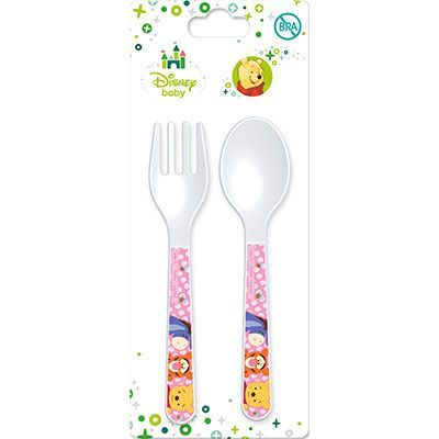 Set 2 cubiertos licencia oficial Disney Winnie the pooh, compuesto por tenedor y cuchara, producto de plastico libre de BPA