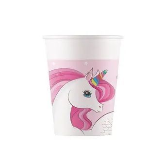 8 vasos de cartón 220ml Unicornio, ideal para fiestas y cumpleaños.