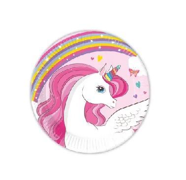 8 platos de cartón 18 cm Unicornio, ideal para fiestas y cumpleaños.
