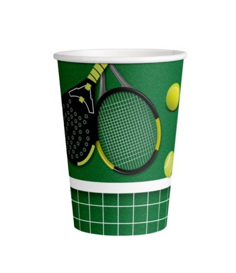 8 vasos de cartón 220ml Tenis y Padel, ideal para fiestas y cumpleaños.