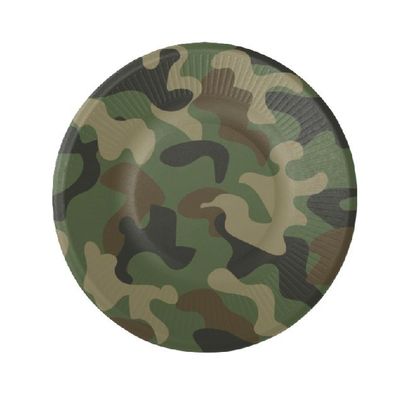 8 platos de cartón 23 cm diseño Camuflaje, ideal para fiestas y cumpleaños