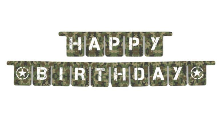 Guirnalda feliz cumpleaños, diseño Camuflaje, producto de carton, 3Mt de largo