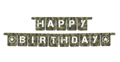 Guirnalda feliz cumpleaños, diseño Camuflaje, producto de carton, 3Mt de largo