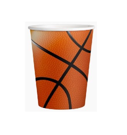 8 vasos de cartón 220ml Baloncesto, ideal para fiestas y cumpleaños.