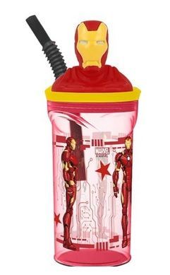 vaso con caña Figura 3D diseño Marvel, Iron man, producto de plástico libre de BPA, licencia oficial