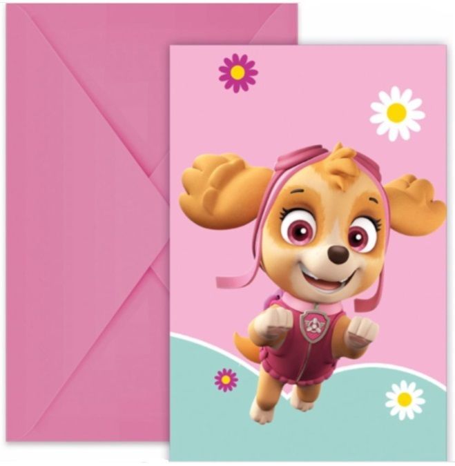 pack 6 invitaciones con sobre licencia oficial Patrulla Canina, diseño Skye y Everest