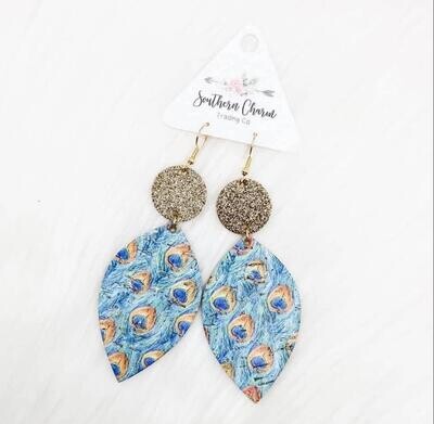3” Gold Glitter and Peacock Dangle Earrings