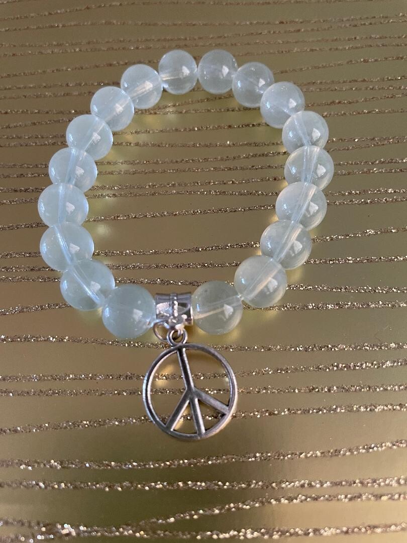 Jade Glass Beads with Silver Peace Sign Charm