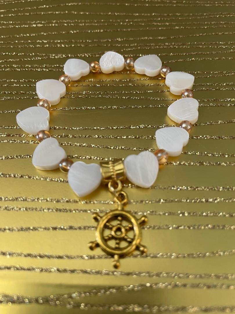 Mother of Pearl Hearts Gold Beads