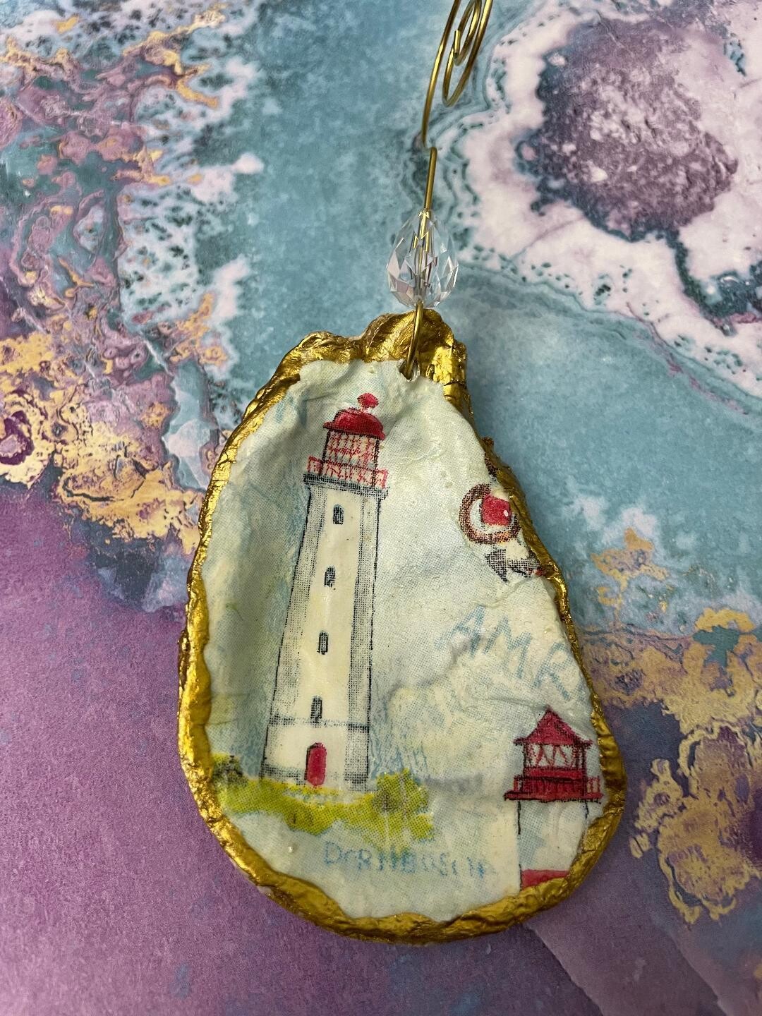 White Lighthouse Oyster Shell Ornament