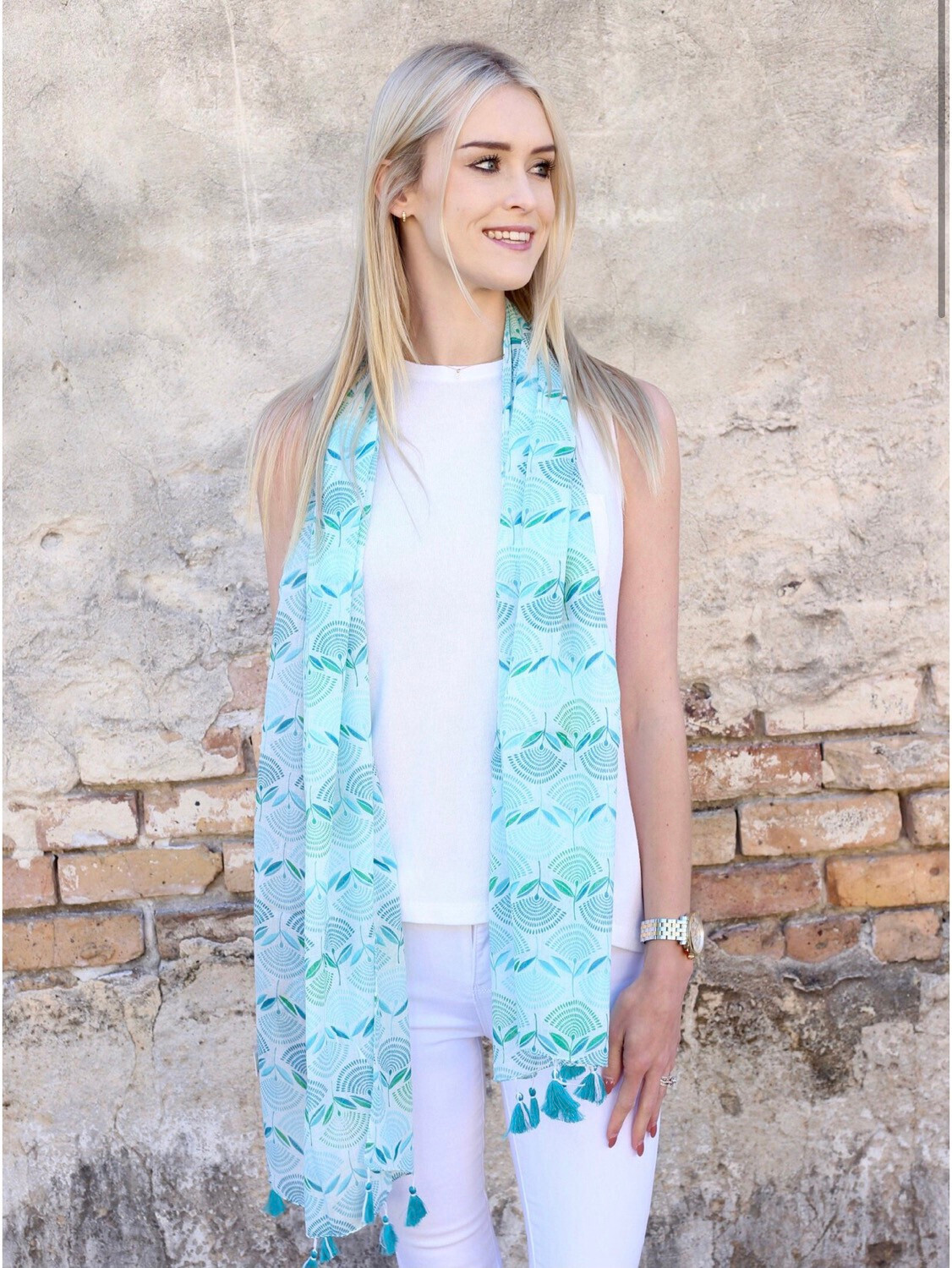 Metz Printed Scarf With Tassels Turquoise