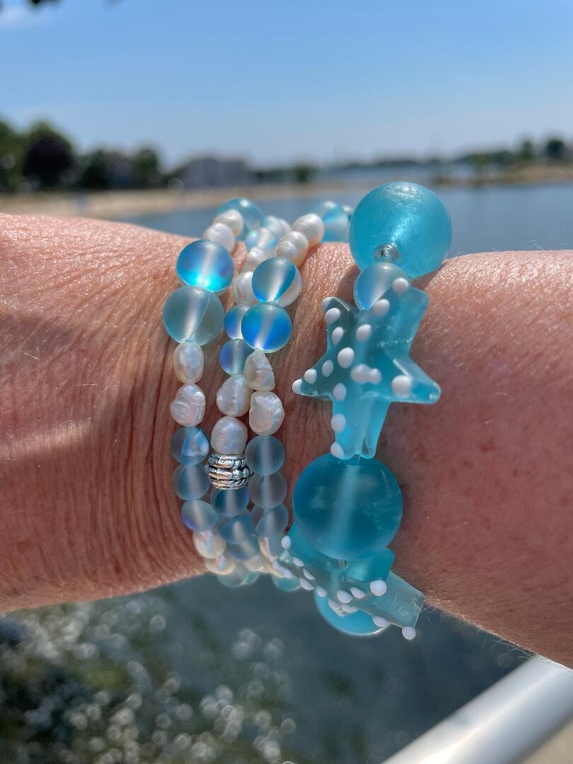 Blue Glass Matte with Fresh Water Pearls