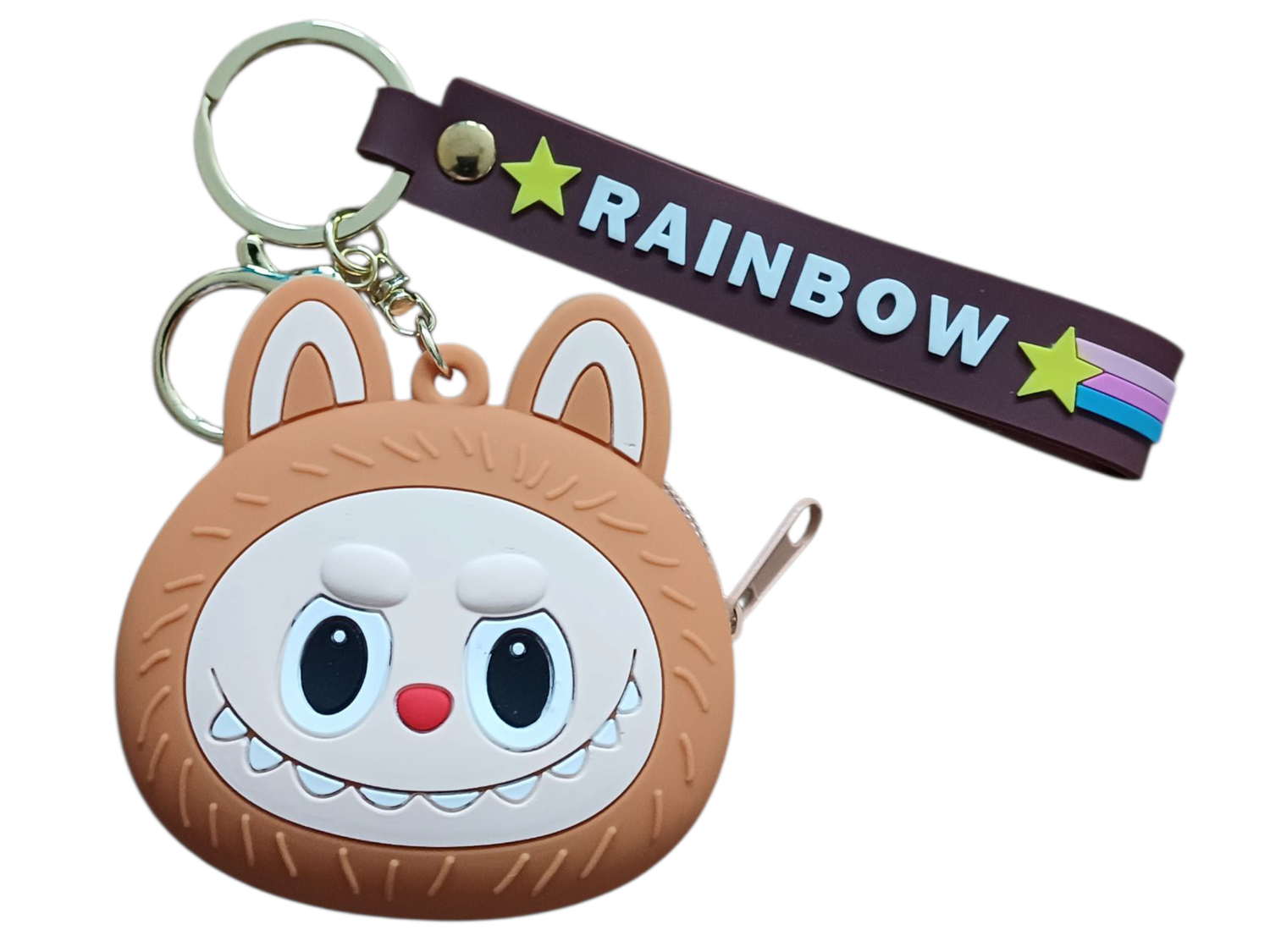 Brown Labubu Face Coin Purse with Rainbow Hand Keychain