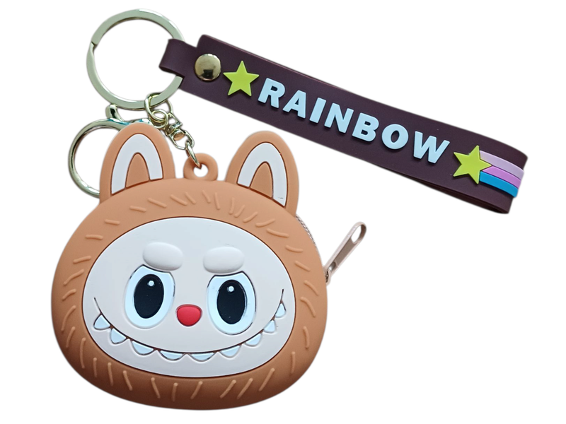 Brown Labubu Face Coin Purse with Rainbow Hand Keychain