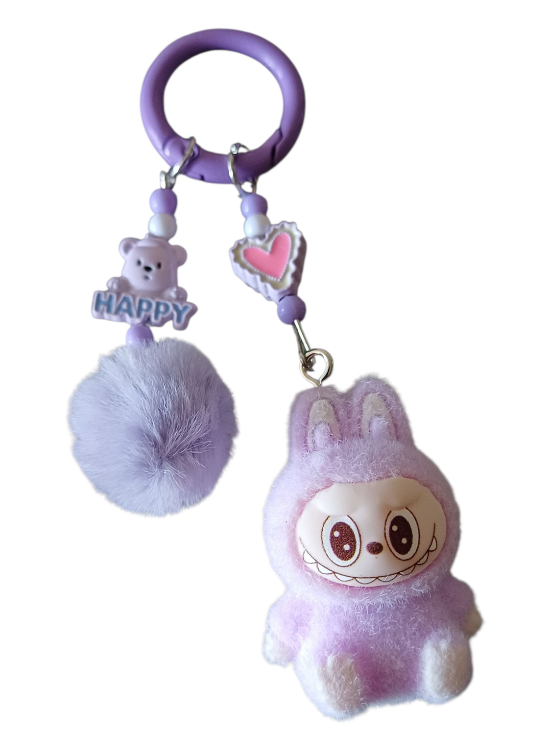 Mini Labubu Purple Keychain with Fluffy Pompom &amp; Happy Bear Charm