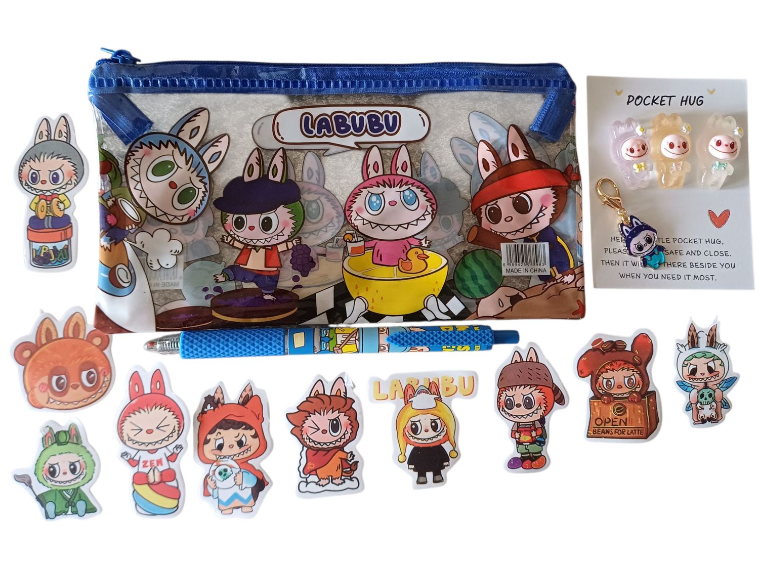 Labubu Pencil Case Set - Clear Case, Pen, Charms &amp; Stickers