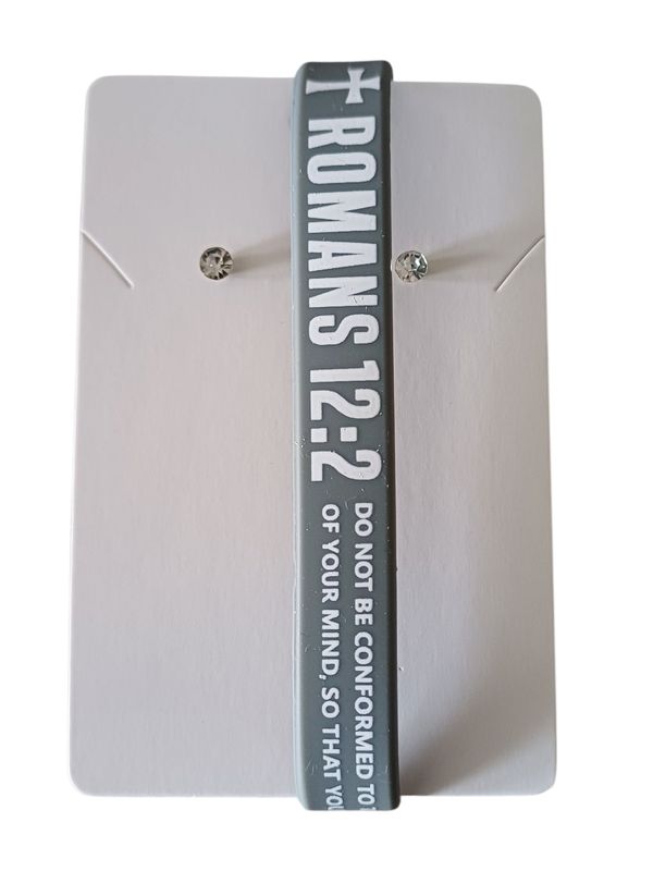 Grey Christian Silicone Bracelet with Romans 12:2 &amp; Free Stud Earrings