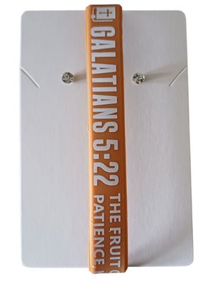 Tan Christian Silicone Bracelet with Galatians 5:22 &amp; Free Stud Earrings