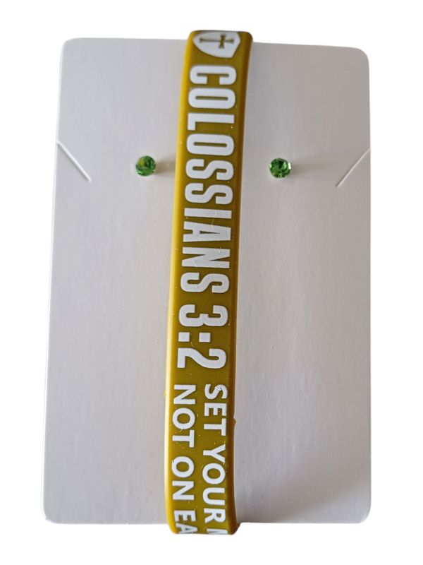 Olive Christian Silicone Bracelet with Colossians 3:2 &amp; Free Stud Earrings