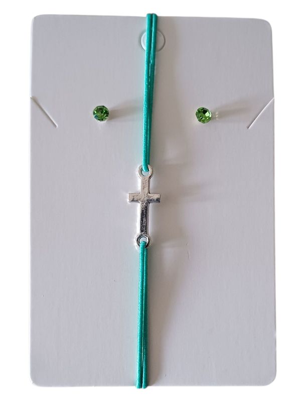 Green Elegant Cross Charm Elastic Bracelet with Free Stud Earrings