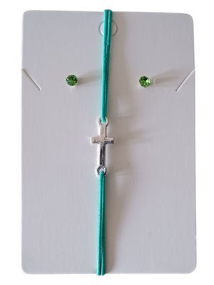 Green Elegant Cross Charm Elastic Bracelet with Free Stud Earrings