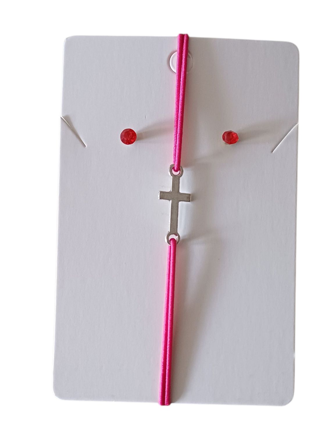 Pink Elegant Cross Charm Elastic Bracelet with Free Stud Earrings