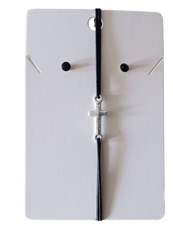 Black Elegant Cross Charm Elastic Bracelet with Free Stud Earrings