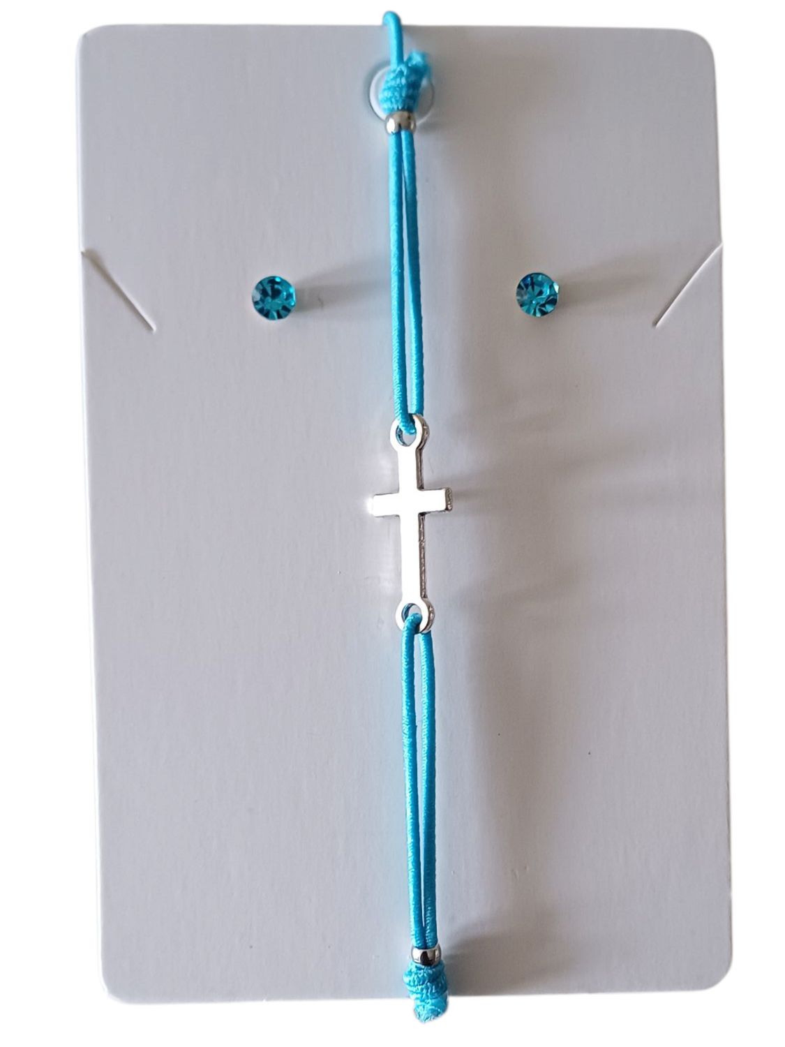 Light Blue Elegant Cross Charm Elastic Bracelet with Free Stud Earrings