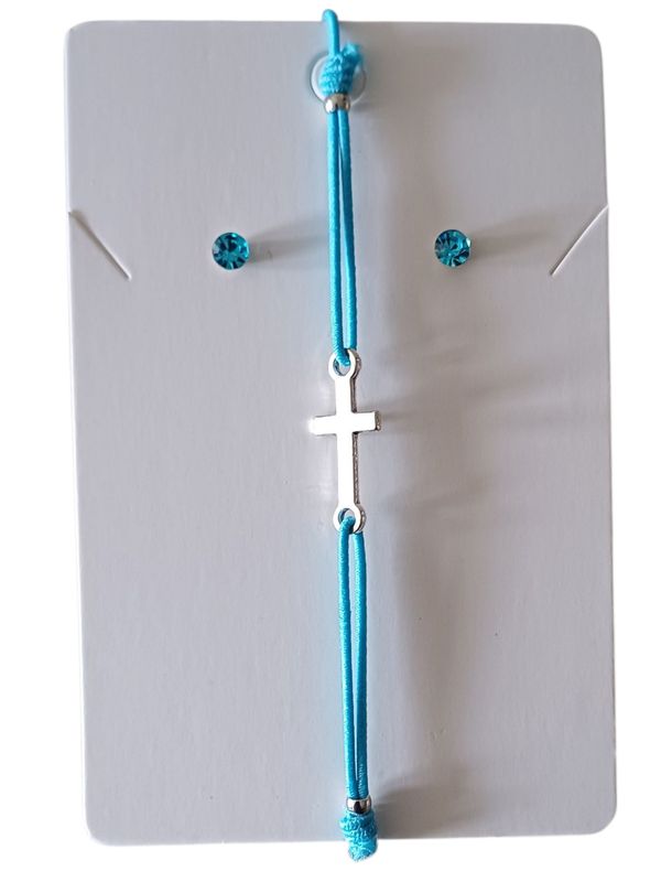 Light Blue Elegant Cross Charm Elastic Bracelet with Free Stud Earrings
