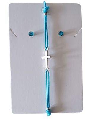 Light Blue Elegant Cross Charm Elastic Bracelet with Free Stud Earrings
