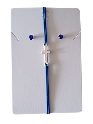 Dark Blue Elegant Cross Charm Elastic Bracelet with Free Stud Earrings