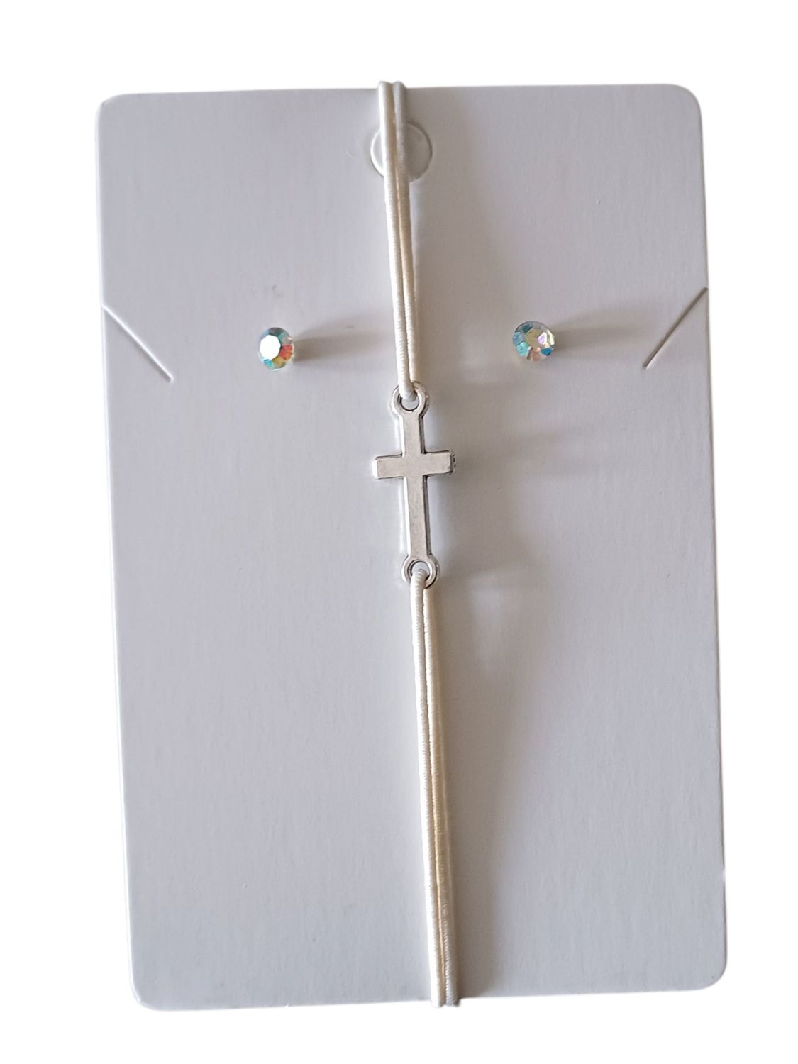 White Elegant Cross Charm Elastic Bracelet with Free Stud Earrings