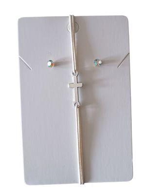 White Elegant Cross Charm Elastic Bracelet with Free Stud Earrings