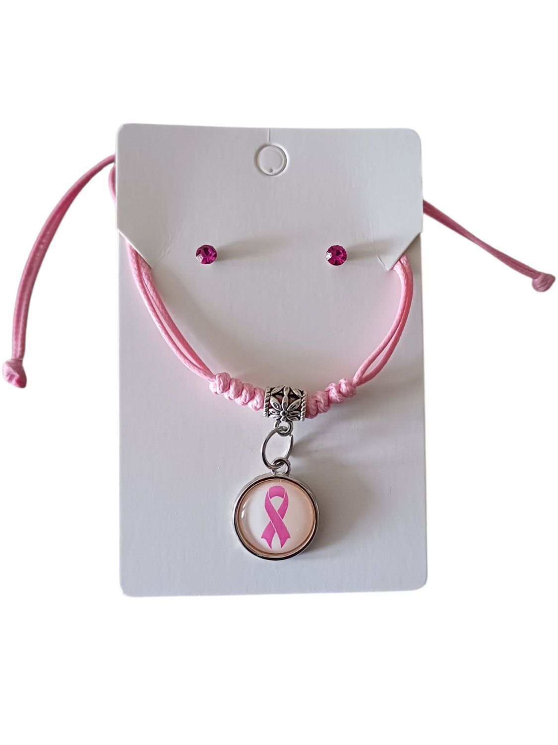 Pink Cancer Support Ribbon Bracelet with Free Stud Earrings