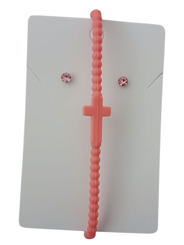 Peach Silicone Cross Bracelet with Free Stud Earrings