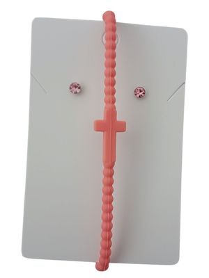 Peach Silicone Cross Bracelet with Free Stud Earrings