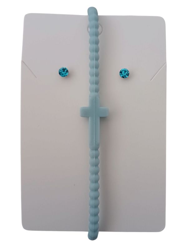 Light Blue Silicone Cross Bracelet with Free Stud Earrings