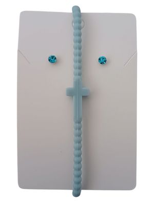 Light Blue Silicone Cross Bracelet with Free Stud Earrings