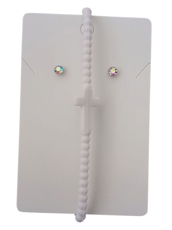 White Silicone Cross Bracelet with Free Stud Earrings