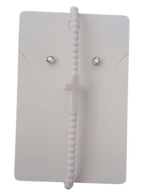 White Silicone Cross Bracelet with Free Stud Earrings