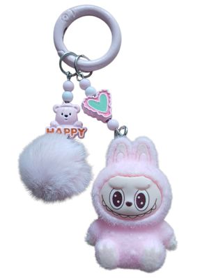 Mini Labubu Pink Keychain with Fluffy Pompom &amp; Happy Bear Charm