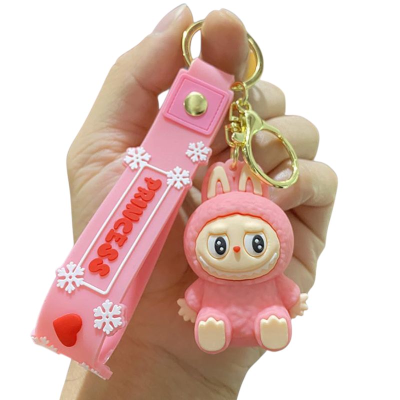 Pink Labubu Doll Keychain with Princess Rubber Tag Pink Labubu Doll Keychain with Princess Rubber Tag